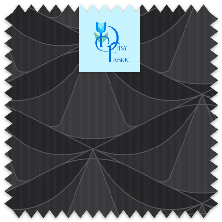 Swooping black Art Deco design over a pin stripe backdrop with gray accents.